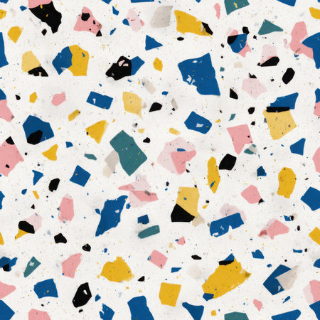 Abstract seamless terrazzo pattern with playful colorful geometric fragments in vivid blue, pink, yellow, and black scattered on a clean white backgroundの素材