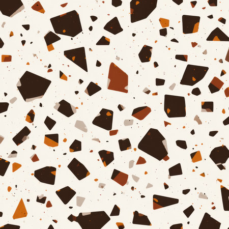 Abstract seamless terrazzo pattern with playful Dark brown geometric fragments in vivid Dark brown scattered on a clean white backgroundの素材