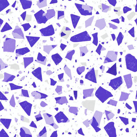 Abstract seamless terrazzo pattern with playful Lavender geometric fragments in vivid Lavender scattered on a clean white backgroundの素材