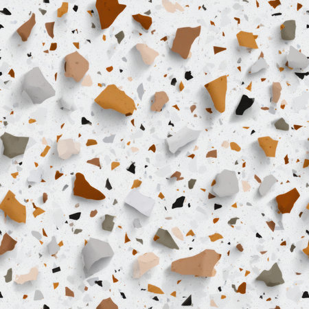 Abstract seamless terrazzo pattern with playful ash brown geometric fragments in vivid ash brown scattered on a clean white backgroundの素材