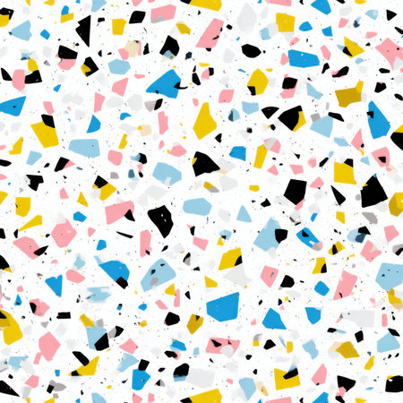 Abstract seamless terrazzo pattern with playful colorful geometric fragments in vivid blue, pink, yellow, and black scattered on a clean white backgroundの素材