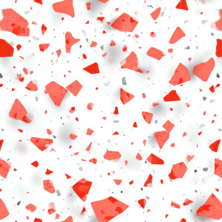 Abstract seamless terrazzo pattern with playful Coral geometric fragments in vivid Coral scattered on a clean white backgroundの素材