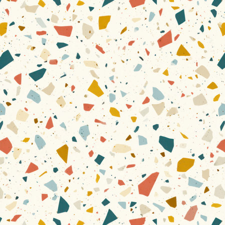 Abstract seamless terrazzo pattern with playful light cream geometric fragments in vivid light cream scattered on a clean white backgroundの素材