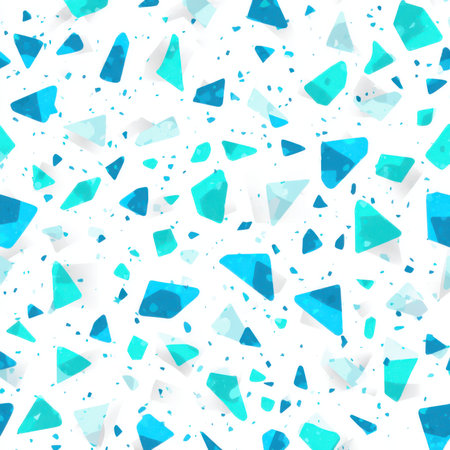 Abstract seamless terrazzo pattern with playful cyan geometric fragments in vivid cyan scattered on a clean white backgroundの素材