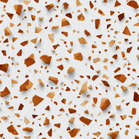 Abstract seamless terrazzo pattern with playful Light brown geometric fragments in vivid light brown scattered on a clean white backgroundの素材