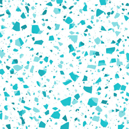 Abstract seamless terrazzo pattern with playful cyan geometric fragments in vivid cyan scattered on a clean white backgroundの素材