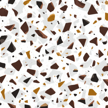 Abstract seamless terrazzo pattern with playful Dark brown geometric fragments in vivid Dark brown scattered on a clean white backgroundの素材