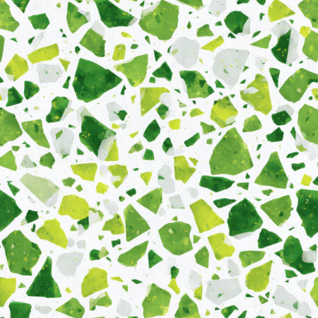 Abstract seamless terrazzo pattern with playful Lime Green geometric fragments in vivid Lime Green scattered on a clean white backgroundの素材