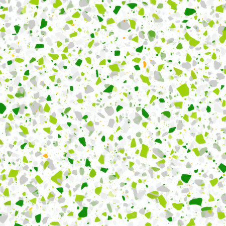 Abstract seamless terrazzo pattern with playful Lime Green geometric fragments in vivid Lime Green scattered on a clean white backgroundの素材