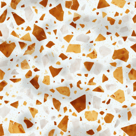 Abstract seamless terrazzo pattern with playful Light brown geometric fragments in vivid light brown scattered on a clean white backgroundの素材