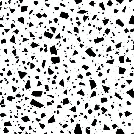 Abstract seamless terrazzo pattern with playful black geometric fragments in vivid black scattered on a clean white backgroundの素材