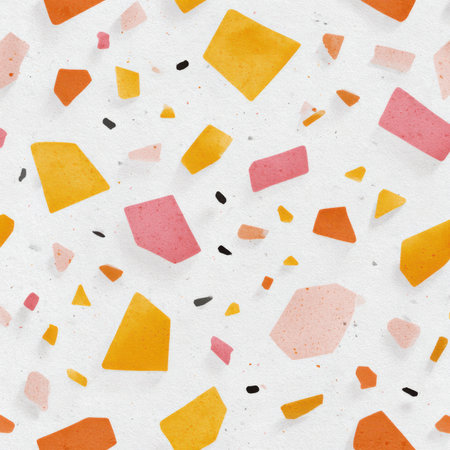 Abstract seamless terrazzo pattern with playful Peach geometric fragments in vivid Peach scattered on a clean white backgroundの素材