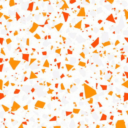 Abstract seamless terrazzo pattern with playful Neon Orange geometric fragments in vivid Neon Orange scattered on a clean white backgroundの素材