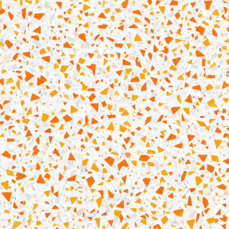Abstract seamless terrazzo pattern with playful Neon Orange geometric fragments in vivid Neon Orange scattered on a clean white backgroundの素材