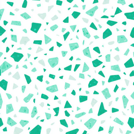 Abstract seamless terrazzo pattern with playful Mint Green geometric fragments in vivid Mint Green scattered on a clean white backgroundの素材