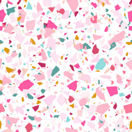 Abstract seamless terrazzo pattern with playful Pastel Pink geometric fragments in vivid Pastel Pink scattered on a clean white backgroundの素材