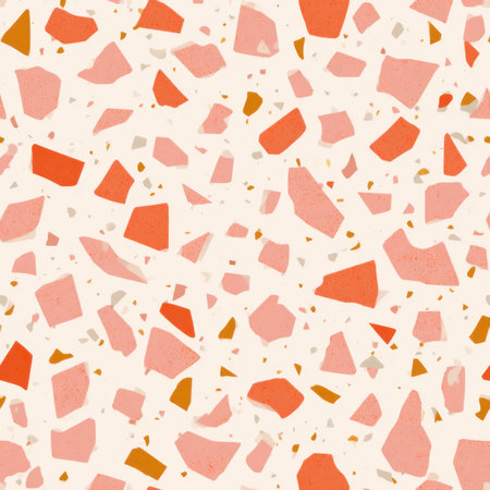 Abstract seamless terrazzo pattern with playful Peach geometric fragments in vivid Peach scattered on a clean white backgroundの素材