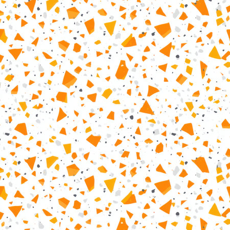 Abstract seamless terrazzo pattern with playful Neon Orange geometric fragments in vivid Neon Orange scattered on a clean white backgroundの素材