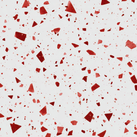 Abstract seamless terrazzo pattern with playful red geometric fragments in vivid red scattered on a clean white backgroundの素材