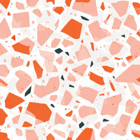 Abstract seamless terrazzo pattern with playful Peach geometric fragments in vivid Peach scattered on a clean white backgroundの素材