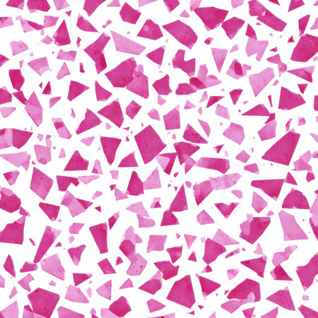 Abstract seamless terrazzo pattern with playful pink geometric fragments in vivid pink scattered on a clean white backgroundの素材