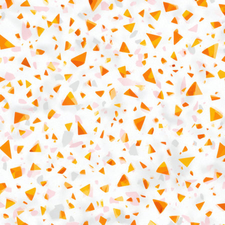 Abstract seamless terrazzo pattern with playful Neon Orange geometric fragments in vivid Neon Orange scattered on a clean white backgroundの素材