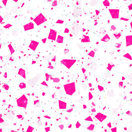 Abstract seamless terrazzo pattern with playful pink geometric fragments in vivid pink scattered on a clean white backgroundの素材