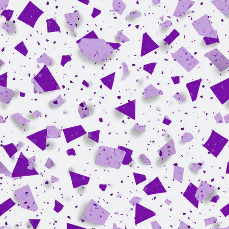 Abstract seamless terrazzo pattern with playful Violet geometric fragments in vivid Violet scattered on a clean white backgroundの素材