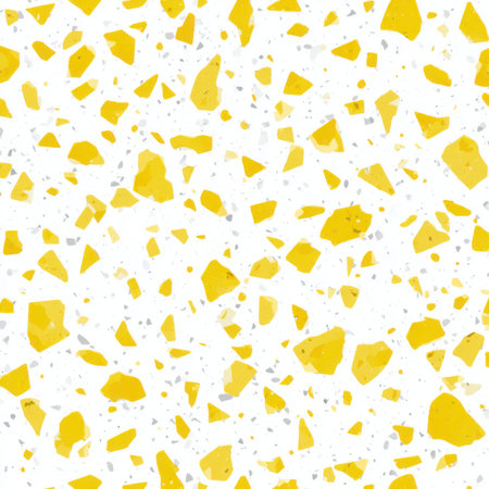 Abstract seamless terrazzo pattern with playful yellow geometric fragments in vivid yellow scattered on a clean white backgroundの素材