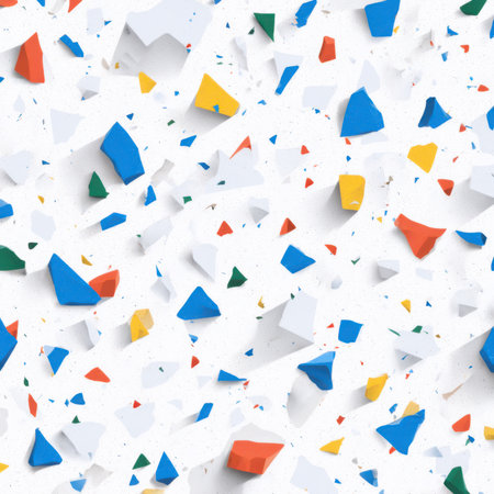 Abstract seamless terrazzo pattern with playful White (Base) geometric fragments in vivid White (Base) scattered on a clean white backgroundの素材