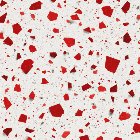 Abstract seamless terrazzo pattern with playful red geometric fragments in vivid red scattered on a clean white backgroundの素材