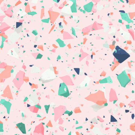 Abstract seamless terrazzo pattern with playful Pastel Pink geometric fragments in vivid Pastel Pink scattered on a clean white backgroundの素材