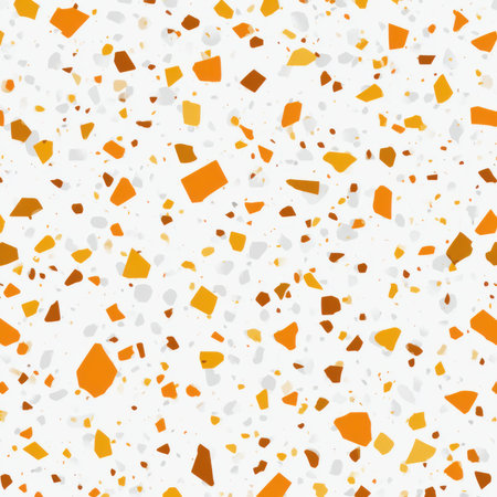 Abstract seamless terrazzo pattern with playful Tangerine geometric fragments in vivid Tangerine scattered on a clean white backgroundの素材