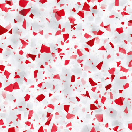 Abstract seamless terrazzo pattern with playful red geometric fragments in vivid red scattered on a clean white backgroundの素材