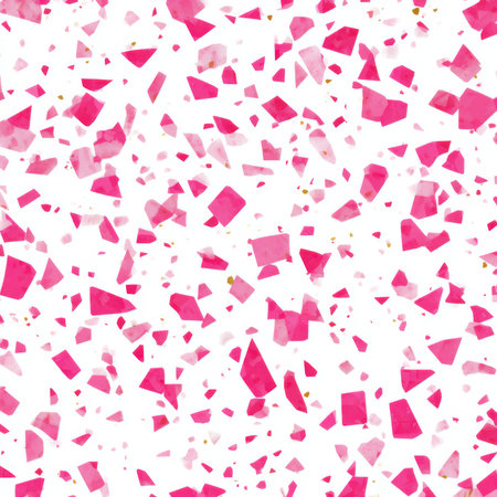 Abstract seamless terrazzo pattern with playful pink geometric fragments in vivid pink scattered on a clean white backgroundの素材