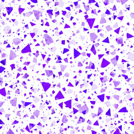 Abstract seamless terrazzo pattern with playful Violet geometric fragments in vivid Violet scattered on a clean white backgroundの素材