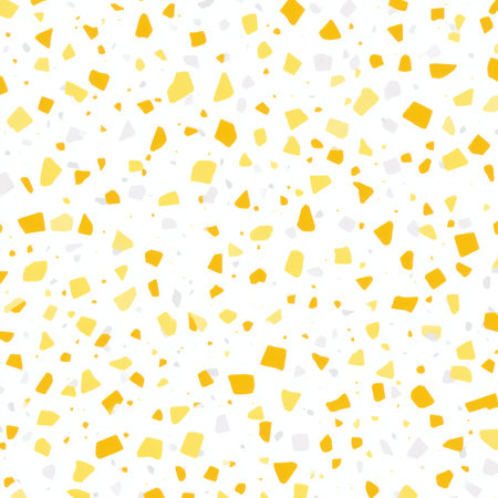 Abstract seamless terrazzo pattern with playful Soft Yellow geometric fragments in vivid Soft Yellow scattered on a clean white backgroundの素材