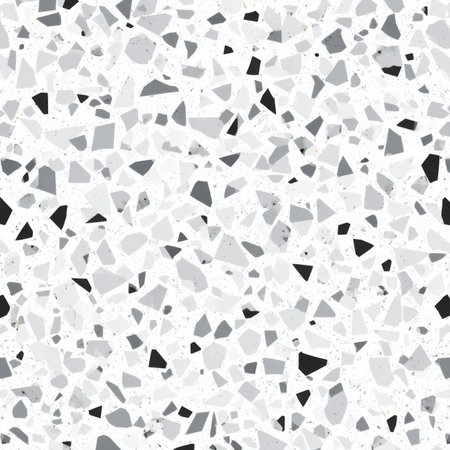 Abstract seamless terrazzo pattern with playful grey geometric fragments in vivid grey scattered on a clean white backgroundの素材