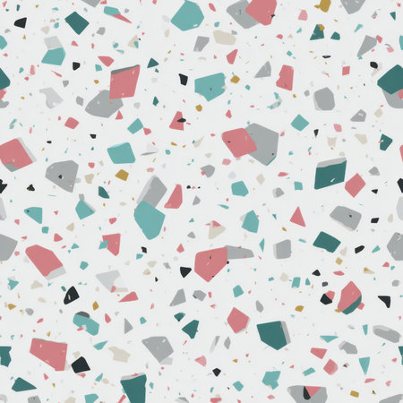 Abstract seamless terrazzo pattern with playful grey geometric fragments in vivid grey scattered on a clean white backgroundの素材
