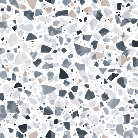 Abstract seamless terrazzo pattern with playful grey geometric fragments in vivid grey scattered on a clean white backgroundの素材