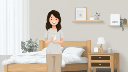 Minimalistic bedroom interior with Asian woman standing at bedside, holding a glass of water with a content smileの素材
