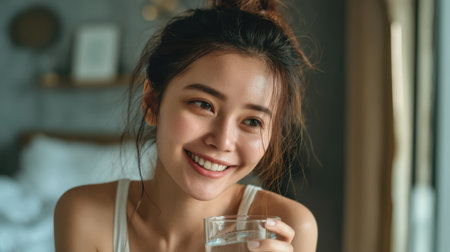 Joyful morning vibe with Asian woman holding glass of water and looking at her reflection in bedroom mirrorの素材