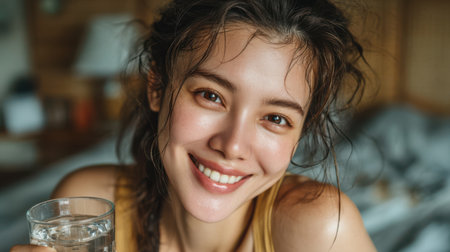 Happy asian woman having glass of water in morning in bedroom.の素材