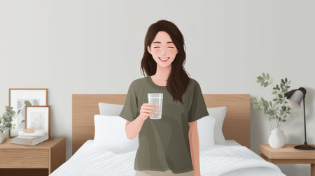 Minimalistic bedroom interior with Asian woman standing at bedside, holding a glass of water with a content smileの素材