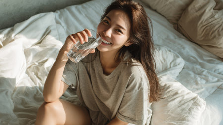 Happy Asian woman in oversized t-shirt drinking water on a bed covered with soft white sheetsの素材