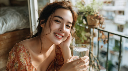 Young Asian woman with natural makeup enjoying a morning glass of water on her balcony attached to a bedroomの素材