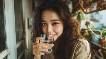 Young Asian woman with natural makeup enjoying a morning glass of water on her balcony attached to a bedroomの素材