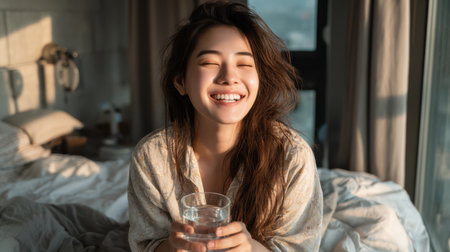 Happy Asian woman in pajamas sitting on bed, smiling while holding a glass of water, morning sunlight streaming through windowの素材