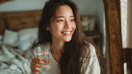 Joyful morning vibe with Asian woman holding glass of water and looking at her reflection in bedroom mirrorの素材