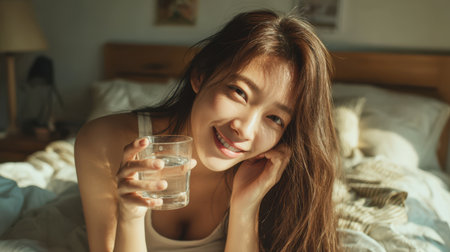 Candid shot of Asian woman playfully holding a glass of water to her cheek in a sunlit bedroomの素材